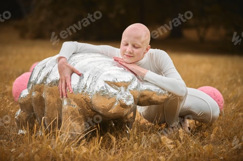 Preview: Portrait of young hairless girl with alopecia in white cloth hugging figure of tardigrade