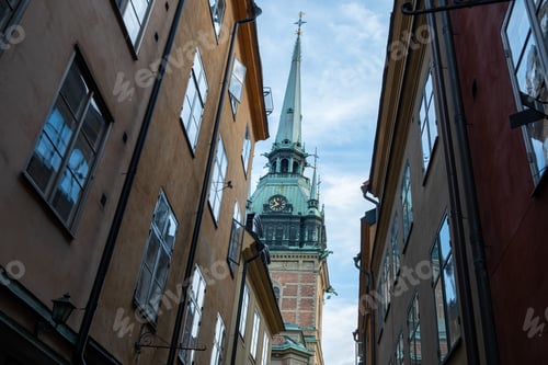 Preview: German or St. Gertrude Church Tower, Tyska Kyrkan in Gamla Stan Old Town Stockholm Sweden.