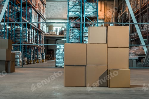 Preview: cardboard boxes in modern warehouse interior