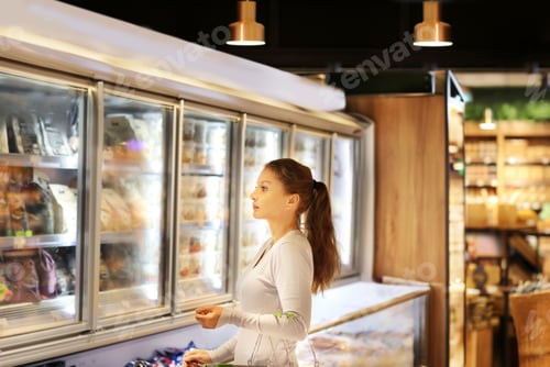 Preview: Woman Choosing Frozen Food From A Supermarket Freezer