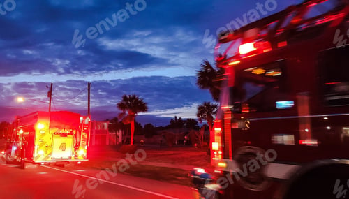 Preview: Firetrucks responding to a fire alarm pulled at night on roadway flashing red lights.