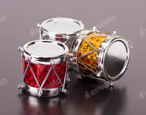 Preview: hristmas decorative gift boxes, drums and balls isolated on black background