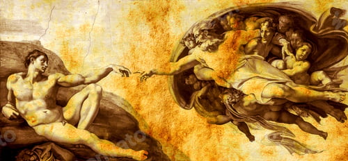 Preview: Closeup shot of the painting of the creation of Adam by Michelangelo