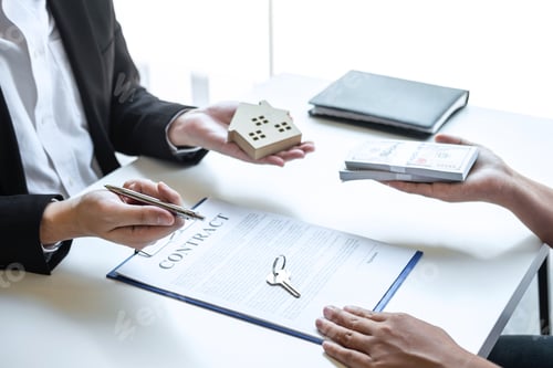 Preview: Estate agent broker pointing contract form to client signing agreement contract real estate