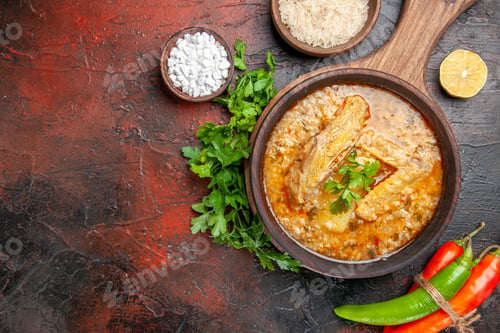 Preview: top view chicken soup on chopping board parsley a bowl of rice sea salt lemon slice hot peppers on