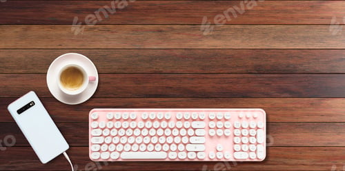 Preview: Computer keyboard pink color and smartphone against wood background