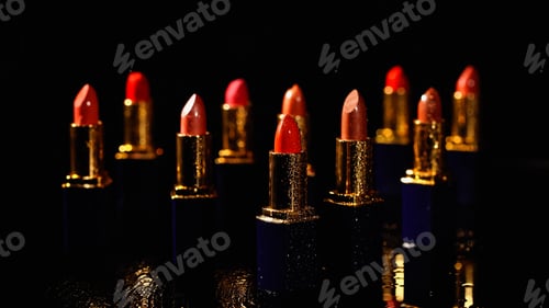 Preview: different shades of red lipsticks on wet black surface