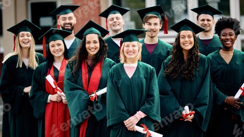 Preview: Portrait of multiracial group of college graduates standing together and looking at camera.