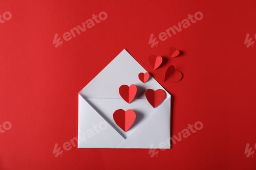 Preview: Paper hearts flying out of envelope on red background, flat lay