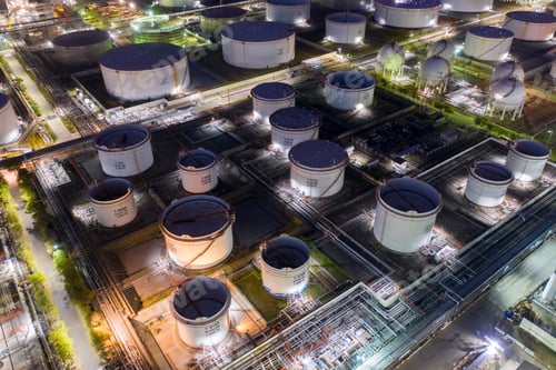 Preview: Aerial view of a Refinery factory oil storage tank and pipeline steel at night