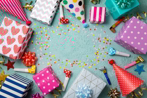Preview: Happy birthday background. Party accessories confetti, gift boxes, party hats, wistle