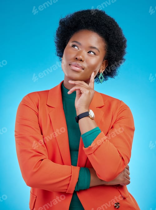 Preview: Question, thinking and black woman with a decision, opportunity and inspiration against a blue stud