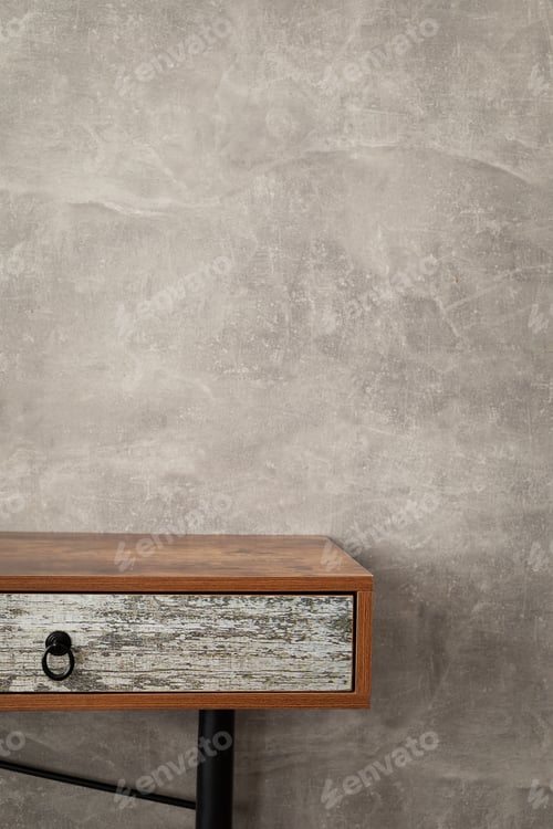 Preview: wooden shelf at grey background