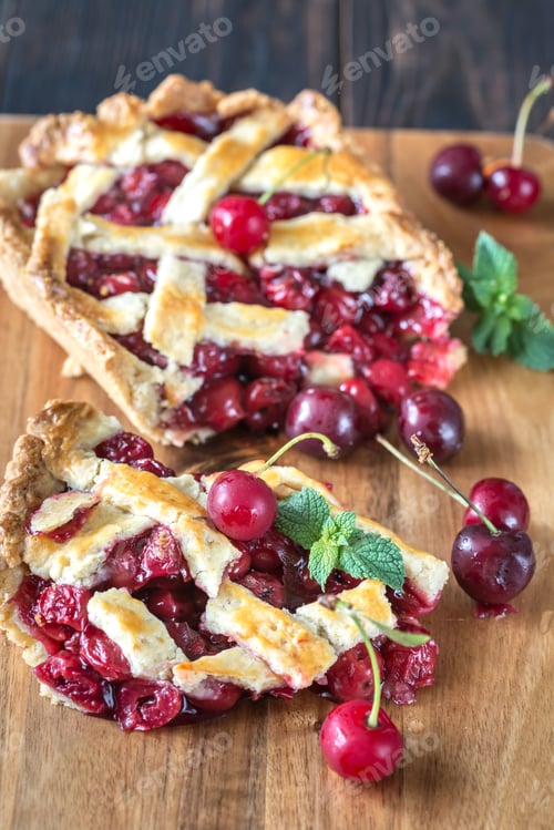 Preview: Chicken burritosCherry pie on the wooden board