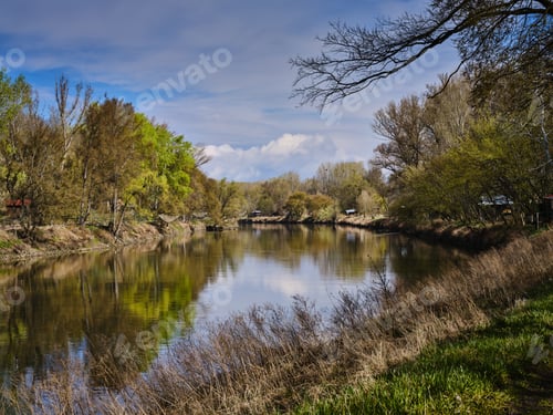 Preview: Morava river and wooden fishing houses, Sekule, Slovakia