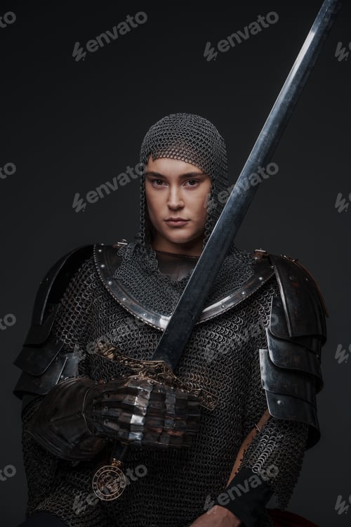 Preview: Isolated on grey female knight holding steel sword