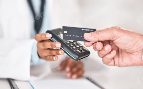 Preview: Pharmacist hands, credit card payment and closeup for healthcare, medicine and sales for prescripti