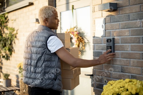 Preview: Delivery man with parcels ringing in doorbell