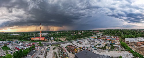Preview: Panoramic View Over Industrial Plant and Storm Sky. Drone View