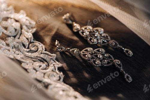 Preview: Accessories for the bride. Earrings on the veil. White wedding earrings. Space for text and ads