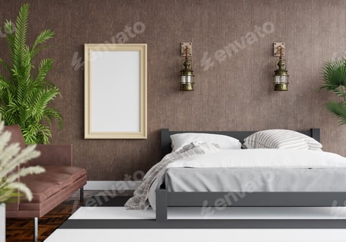 Preview: 3D Modern interior of bedroom with mockup photo frame