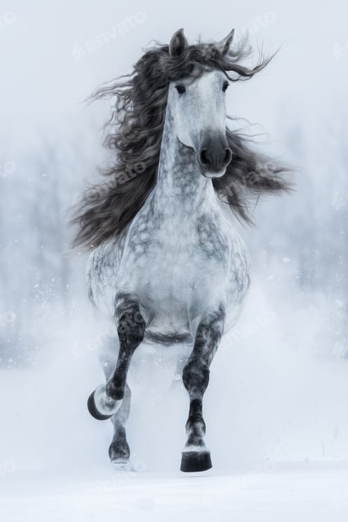 Preview: Galloping grey long-maned Spanish horse in winter.