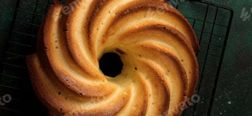 Preview: Bundt cake with sugar glaze and coconut on dark green old concrete background. Selective focus. Top