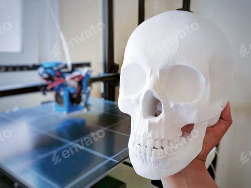 Preview: 3D printed skull in hand.