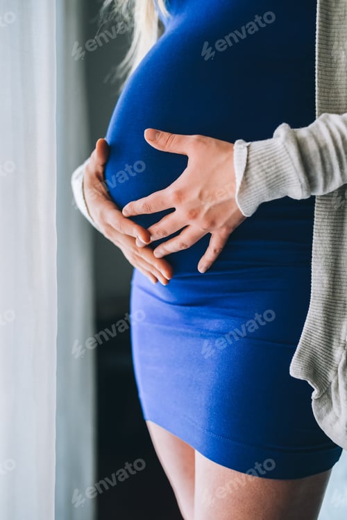 Preview: Young healthy caucasian pregnant woman indoor at home
