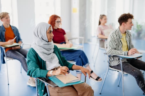Preview: Portrait of multiethnic group of university students sitting in classroom indoors, studying