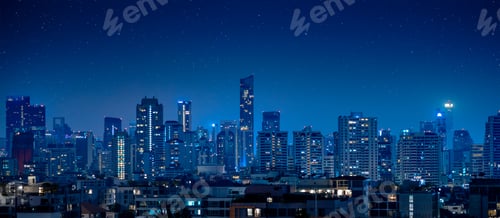 Preview: night city skyline in blue color panoramic for modern metro background