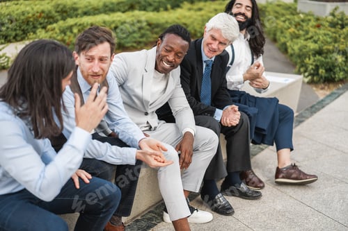 Preview: Multiethnic business men having fun outside of the office - Focus on african man face