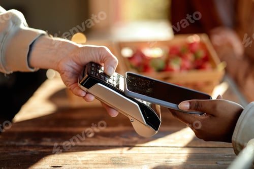Preview: Black Woman Paying with Smartphone While Caucasian Man Holding Card Reader