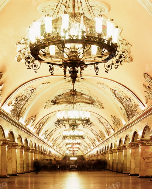 Preview: Chandelier in an ornate metro station.