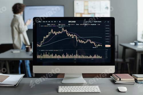Preview: Screen of computer with financial chart and graph created by analyst