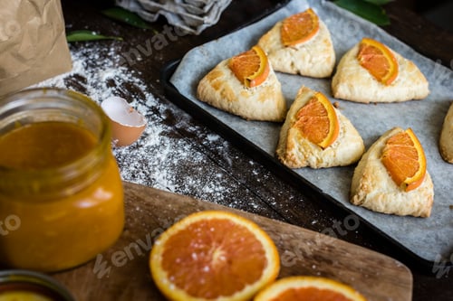 Preview: Homemade scones with orange jam food photography recipe idea