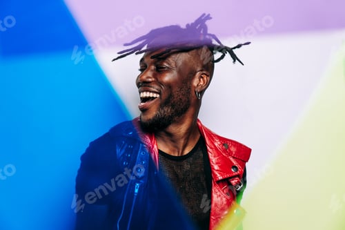 Preview: handsome man wearing red leather jacket portrait. Futuristic cyberpunk fashion style