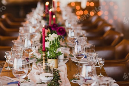 Preview: Coziness and style. Modern event design. Table setting at wedding reception.
