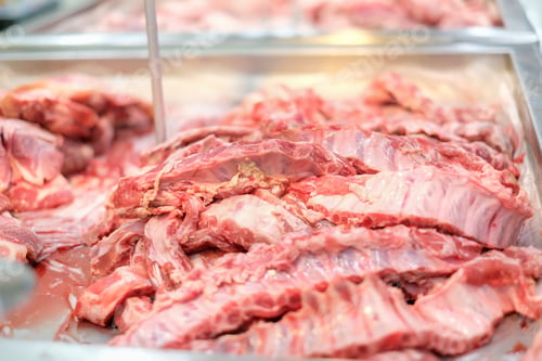 Preview: Close-up. Raw pork in department store.