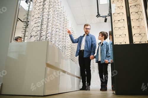 Preview: Family buy glasses. Father in a blue shirt
