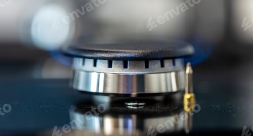 Preview: Gas burner close-up. Modern kitchen appliance. Interior details