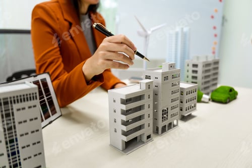 Preview: A businesswoman in a brown suit stands at a white desk with a world model, net zero 2050 reduce co2