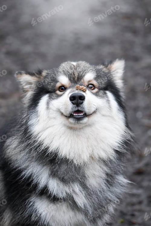 Preview: Portrait of a young Finnish Lapphund sitting outdoors and balancing a treat on nose