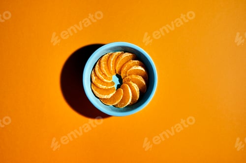 Preview: Overhead shot of a blue round container with circular shaped mandarin segments