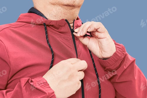 Preview: Men's red hoodie mockup fashion shoot in studio