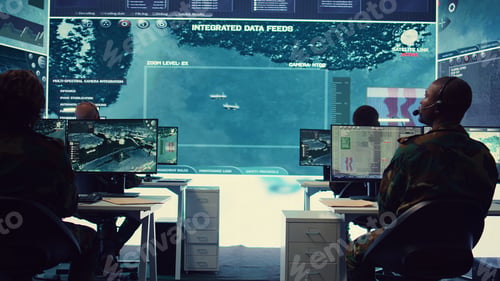 Preview: Team of national guard machinists operating on CCTV radar surveillance