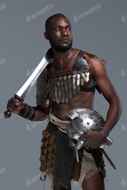 Preview: Black gladiator of ancient rome against gray background
