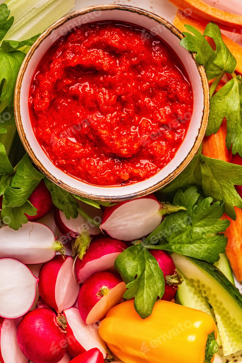 Preview: Plate with fresh, raw vegetables and sauce.
