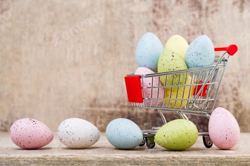 Vorschau: Ostereier im Einkaufswagen. Frühlings-Rabattkarte.