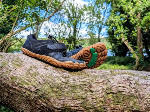 Preview: Closeup of black barefoot shoes on tree branch in forest, fashion and lifestyle concept, nature bac